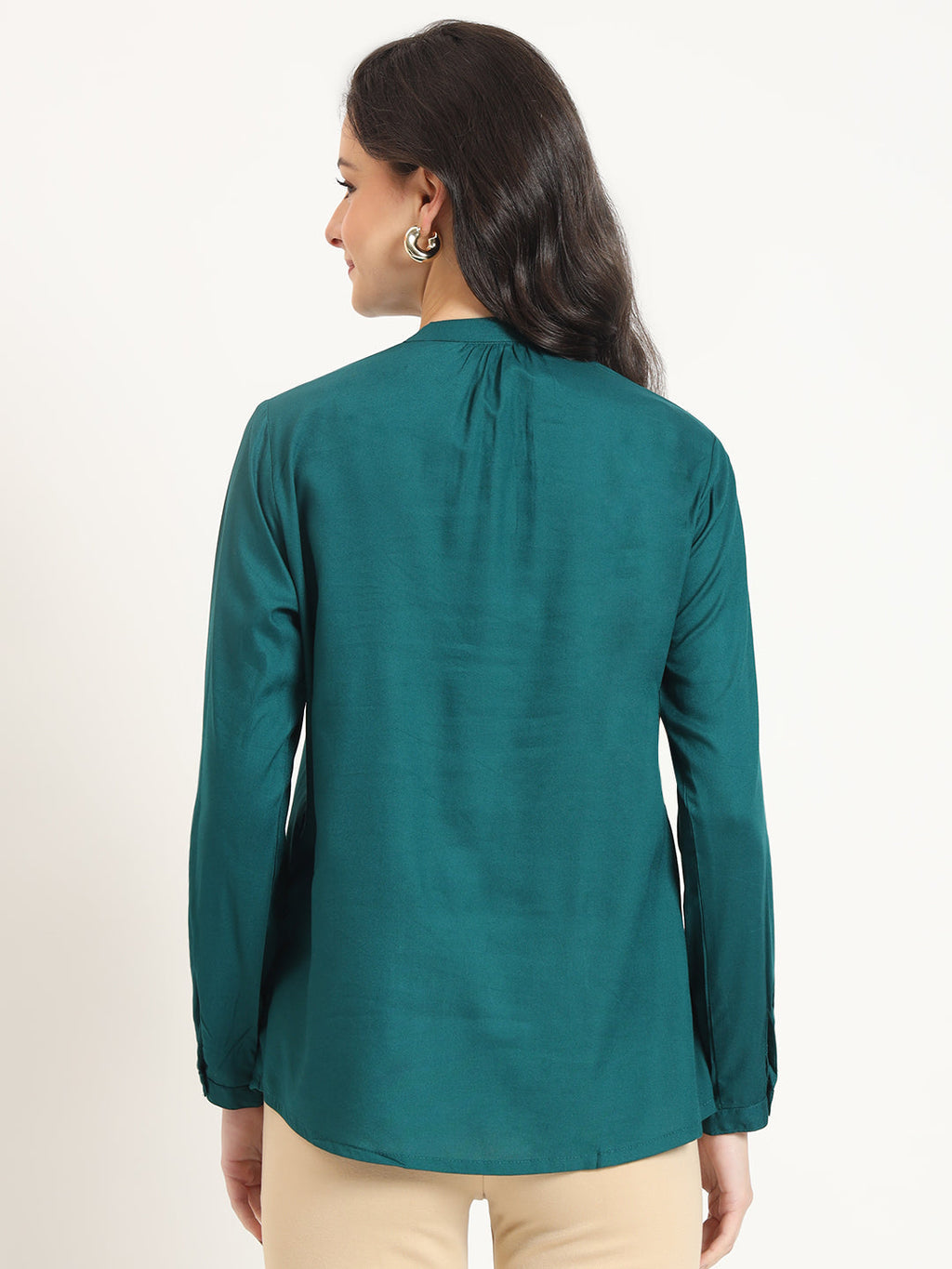 Noe Velarro Turquoise Solid Print Rayon Fabric Straight Top