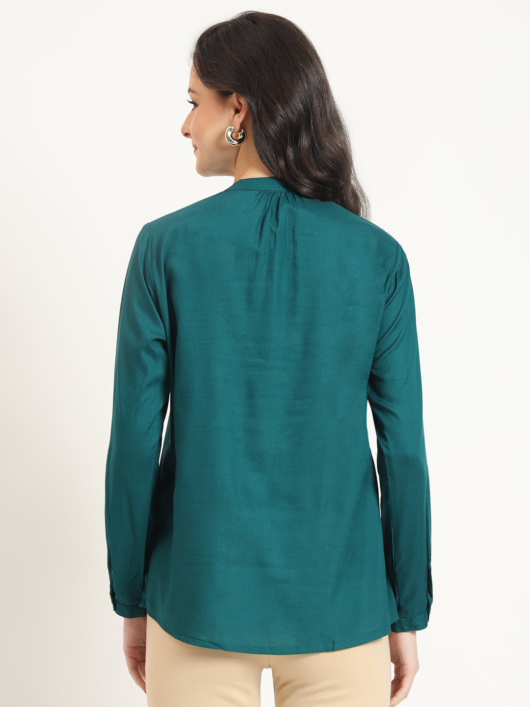 Noe Velarro Turquoise Solid Print Rayon Fabric Straight Top