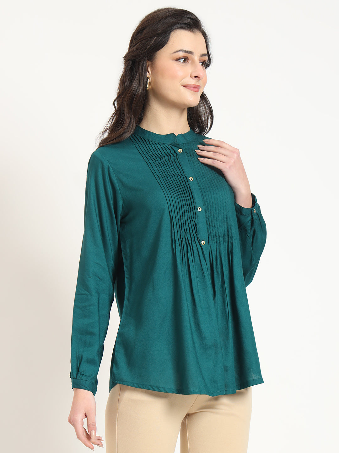 Noe Velarro Turquoise Solid Print Rayon Fabric Straight Top