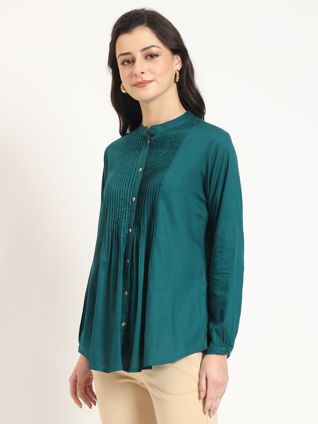 Noe Velarro Turquoise Solid Print Rayon Fabric Straight Top