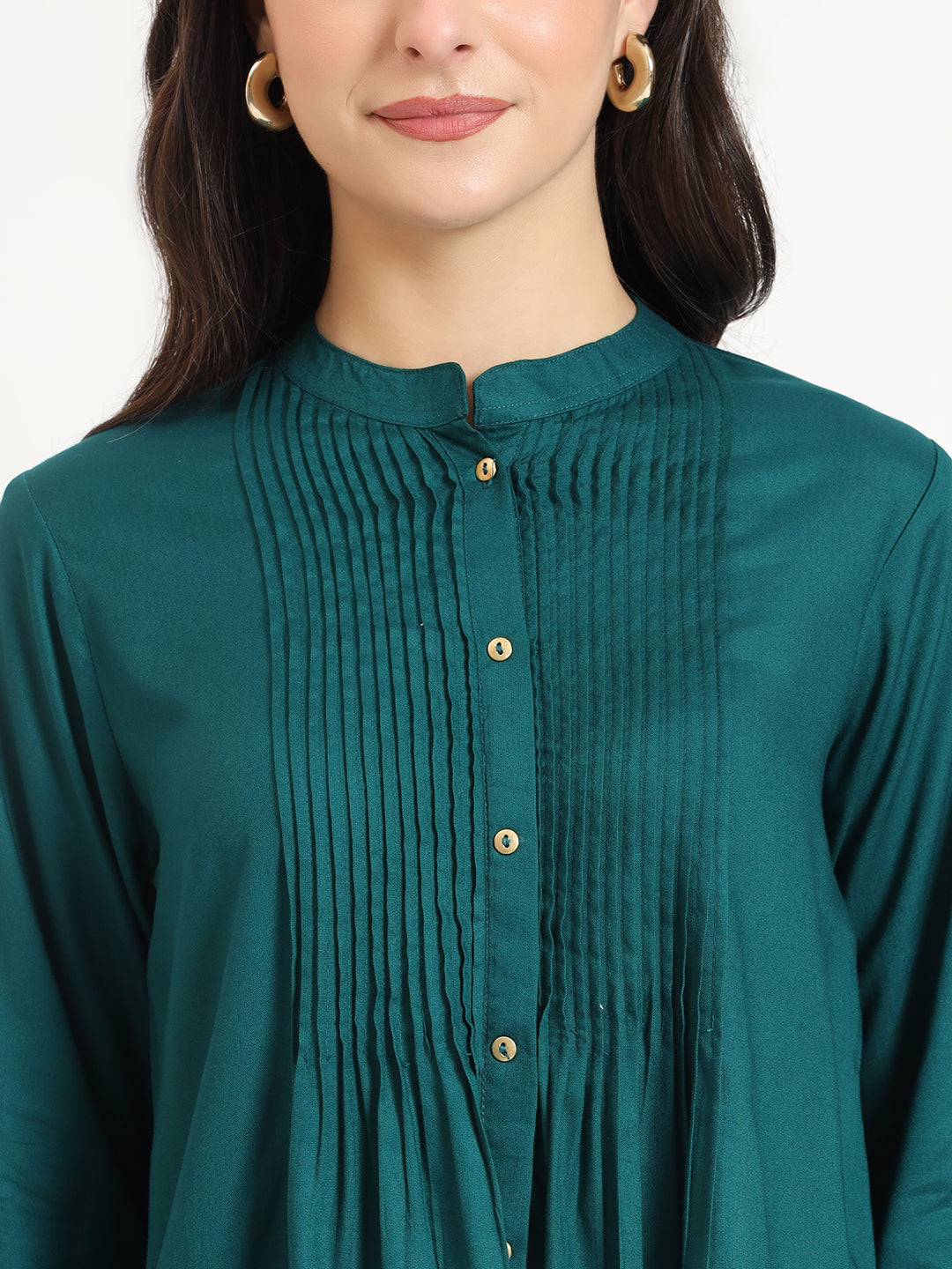 Noe Velarro Turquoise Solid Print Rayon Fabric Straight Top