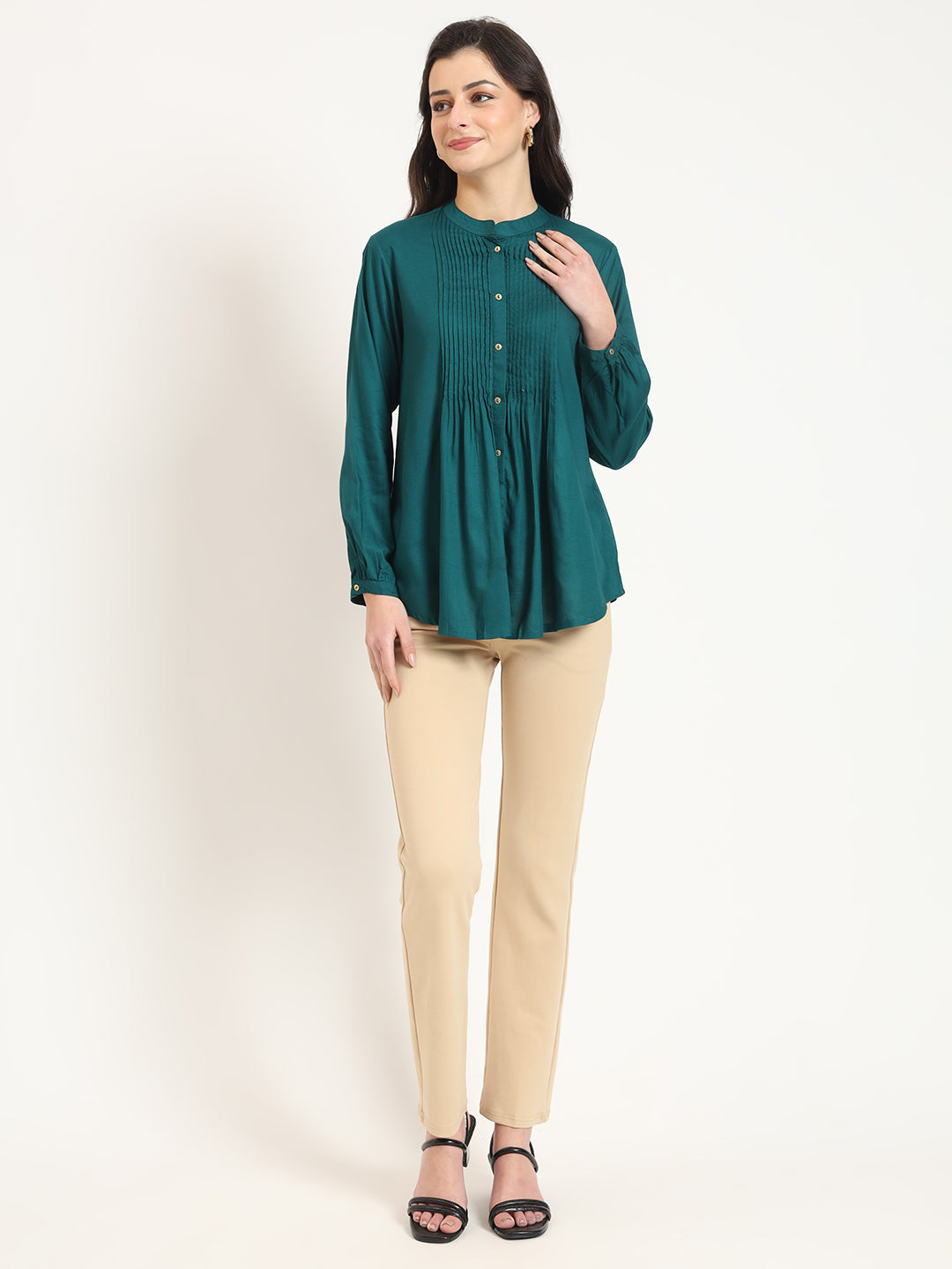 Noe Velarro Turquoise Solid Print Rayon Fabric Straight Top