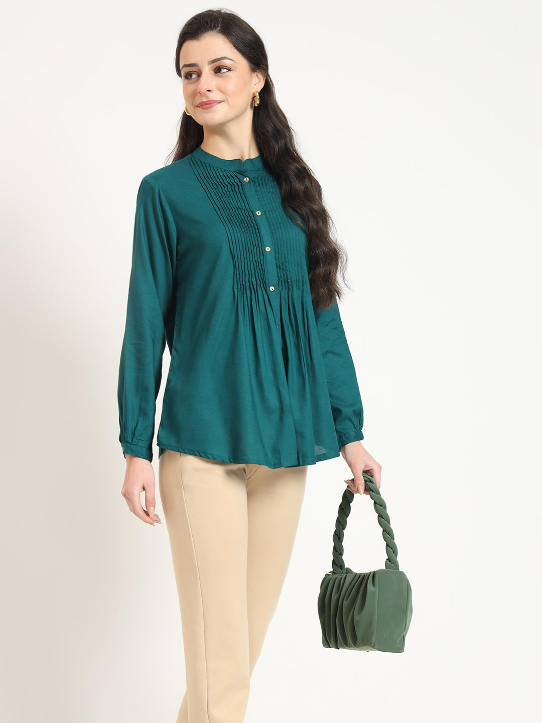 Noe Velarro Turquoise Solid Print Rayon Fabric Straight Top