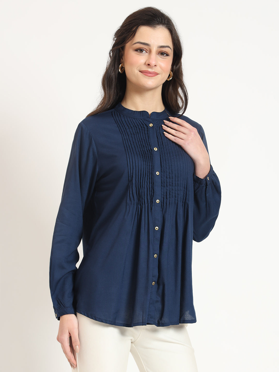 Noe Velarro Navy Blue Solid Print Rayon Fabric Straight Top