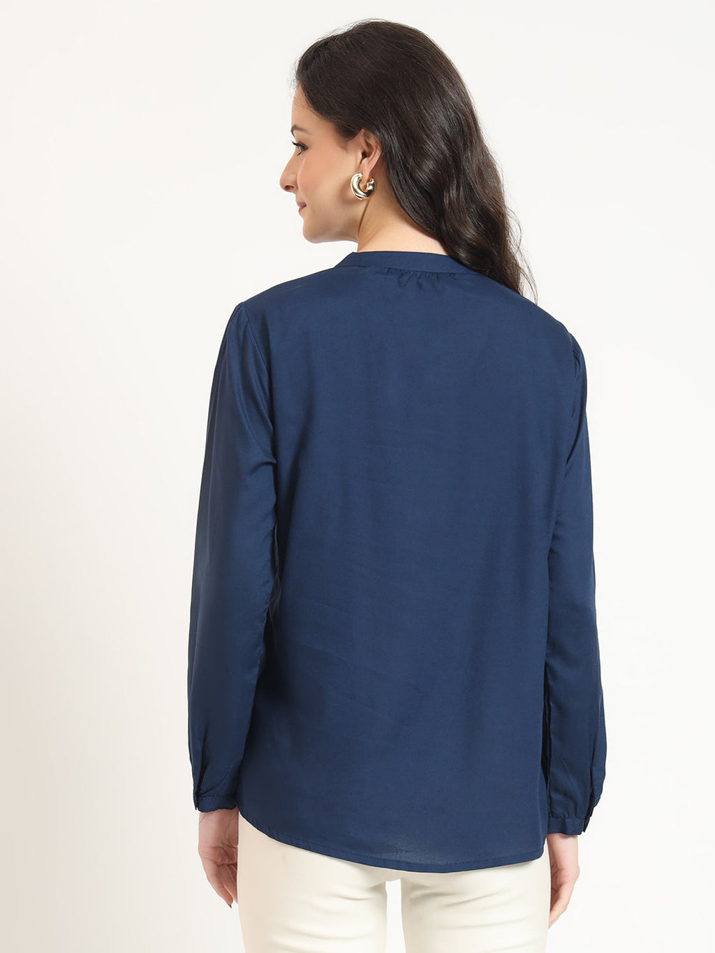 Noe Velarro Navy Blue Solid Print Rayon Fabric Straight Top