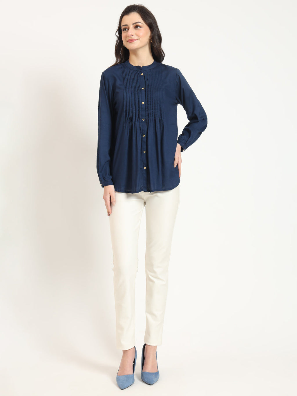 Noe Velarro Navy Blue Solid Print Rayon Fabric Straight Top