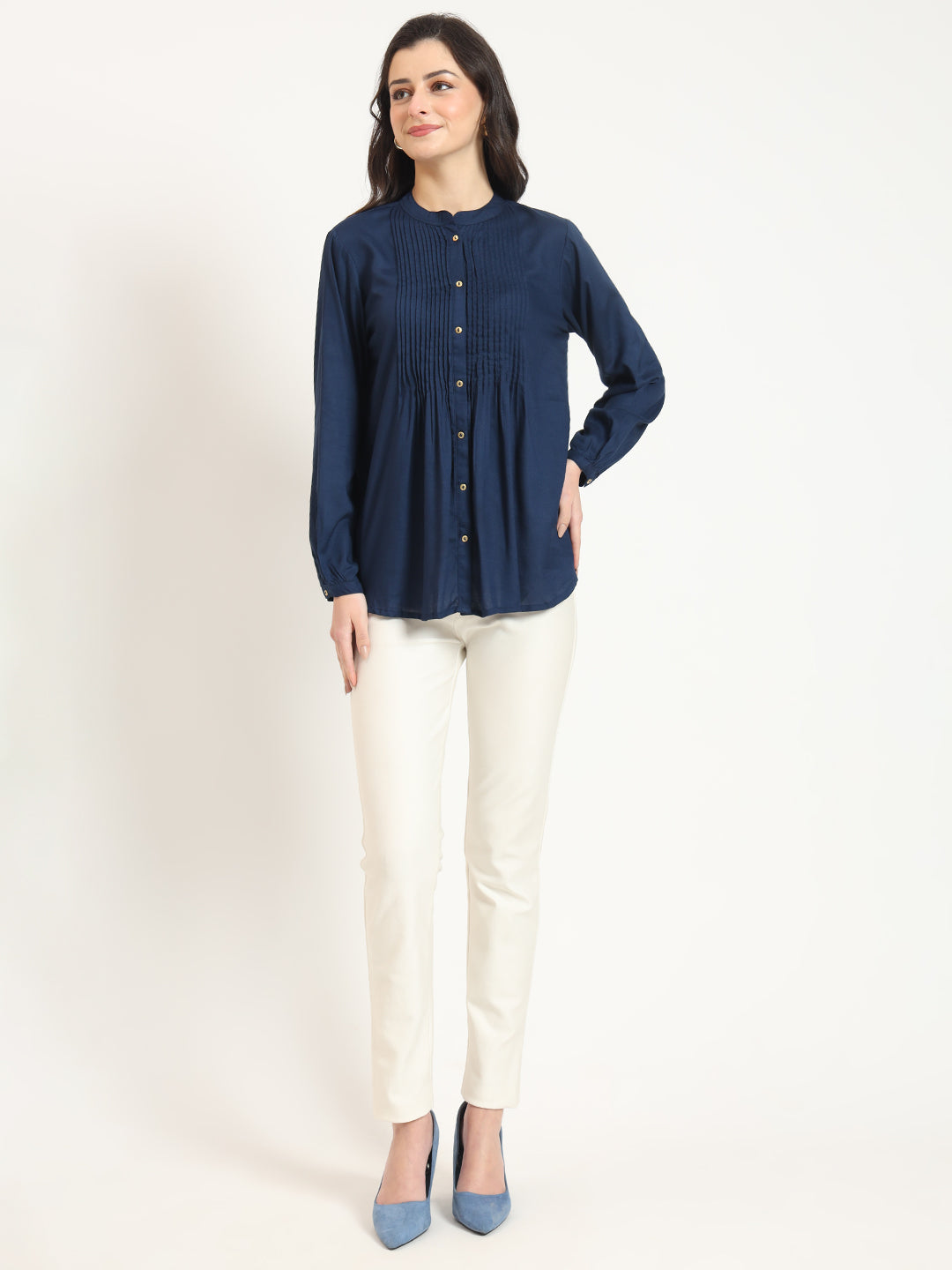 Noe Velarro Navy Blue Solid Print Rayon Fabric Straight Top