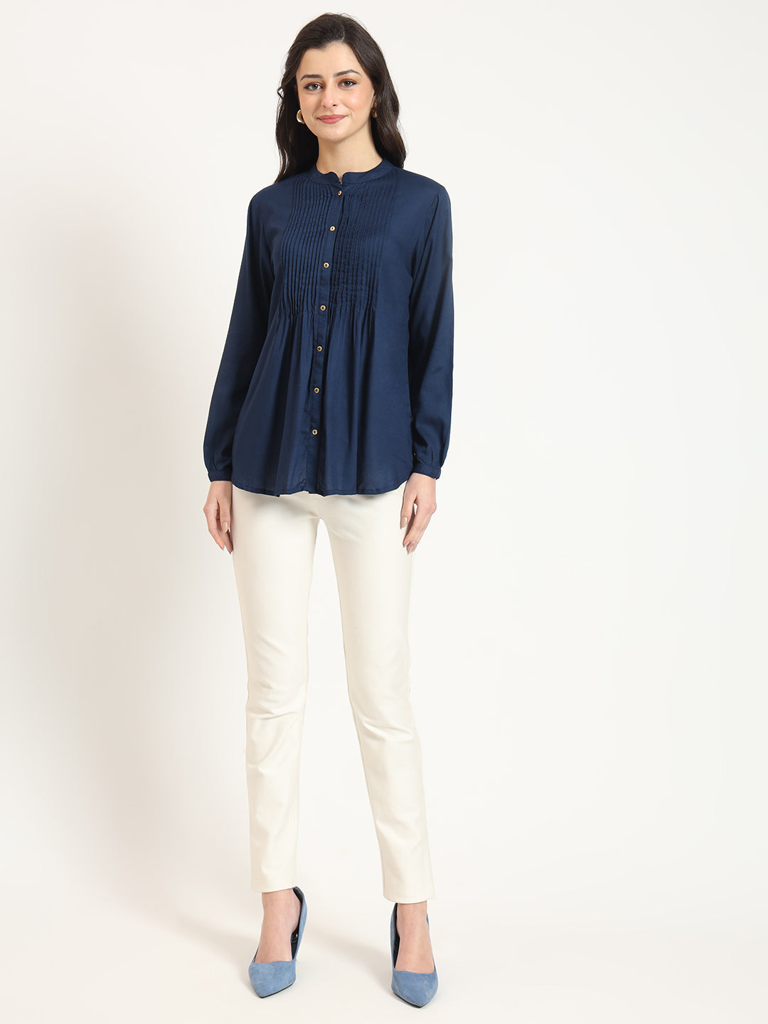 Noe Velarro Navy Blue Solid Print Rayon Fabric Straight Top