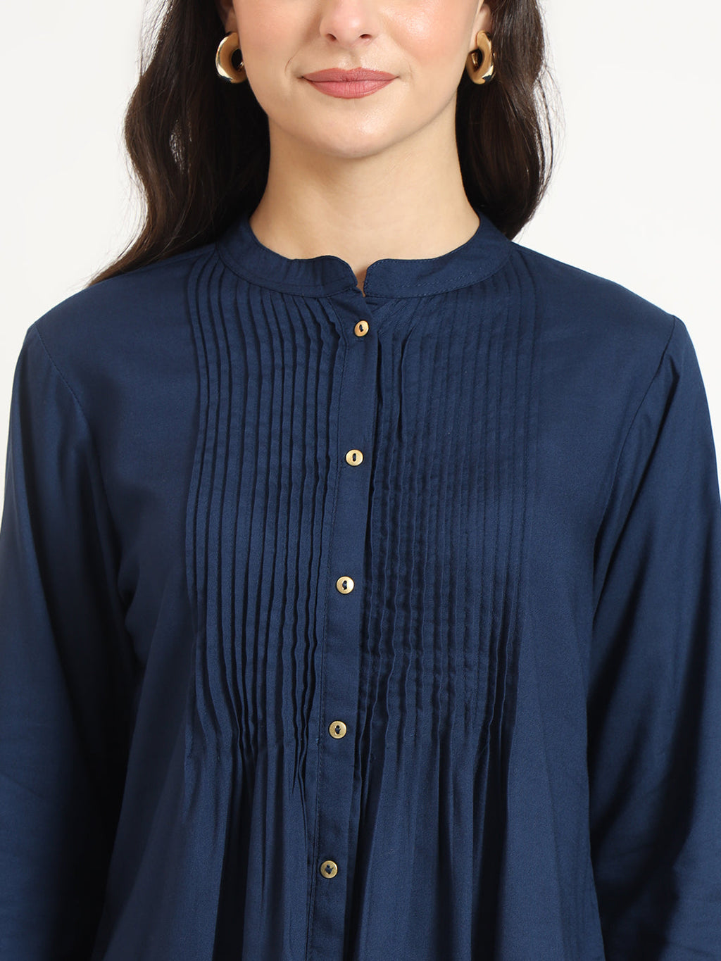 Noe Velarro Navy Blue Solid Print Rayon Fabric Straight Top