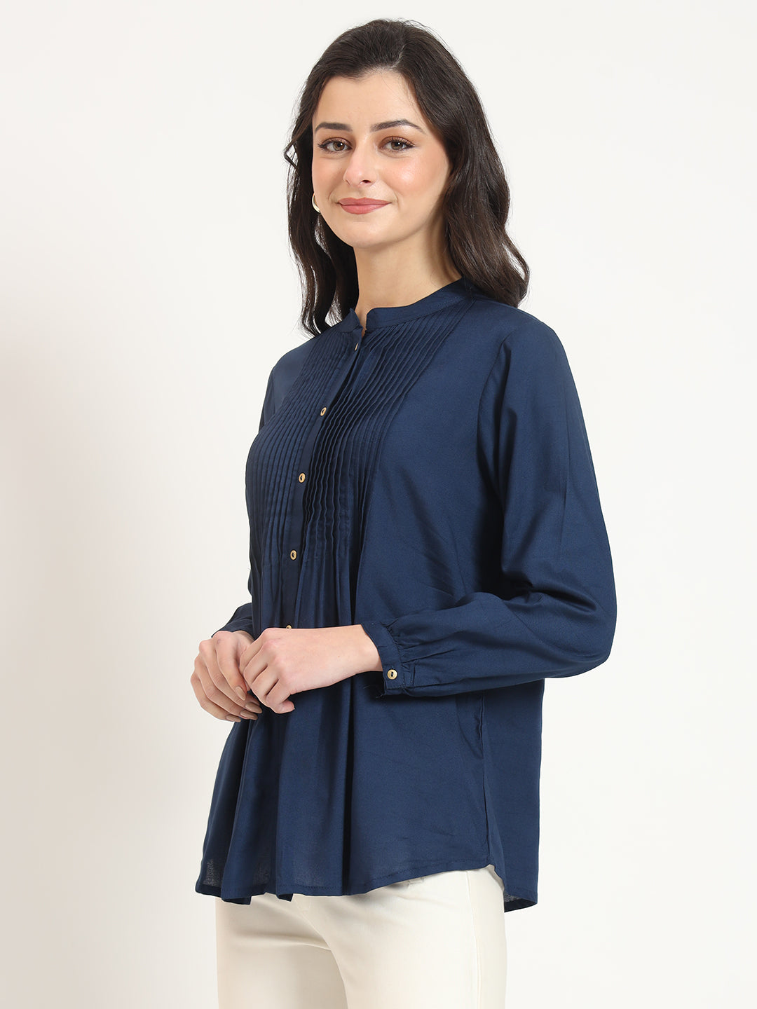 Noe Velarro Navy Blue Solid Print Rayon Fabric Straight Top