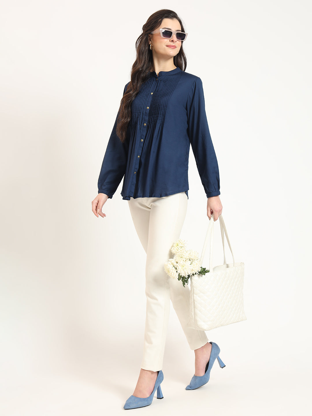 Noe Velarro Navy Blue Solid Print Rayon Fabric Straight Top