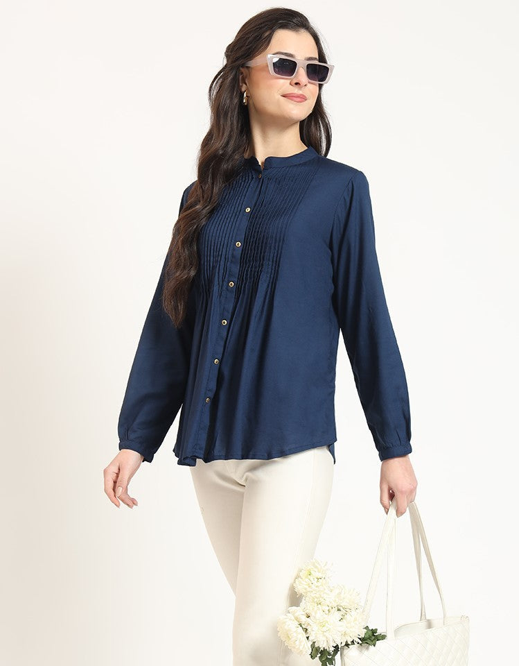 Noe Velarro Navy Blue Solid Print Rayon Fabric Straight Top