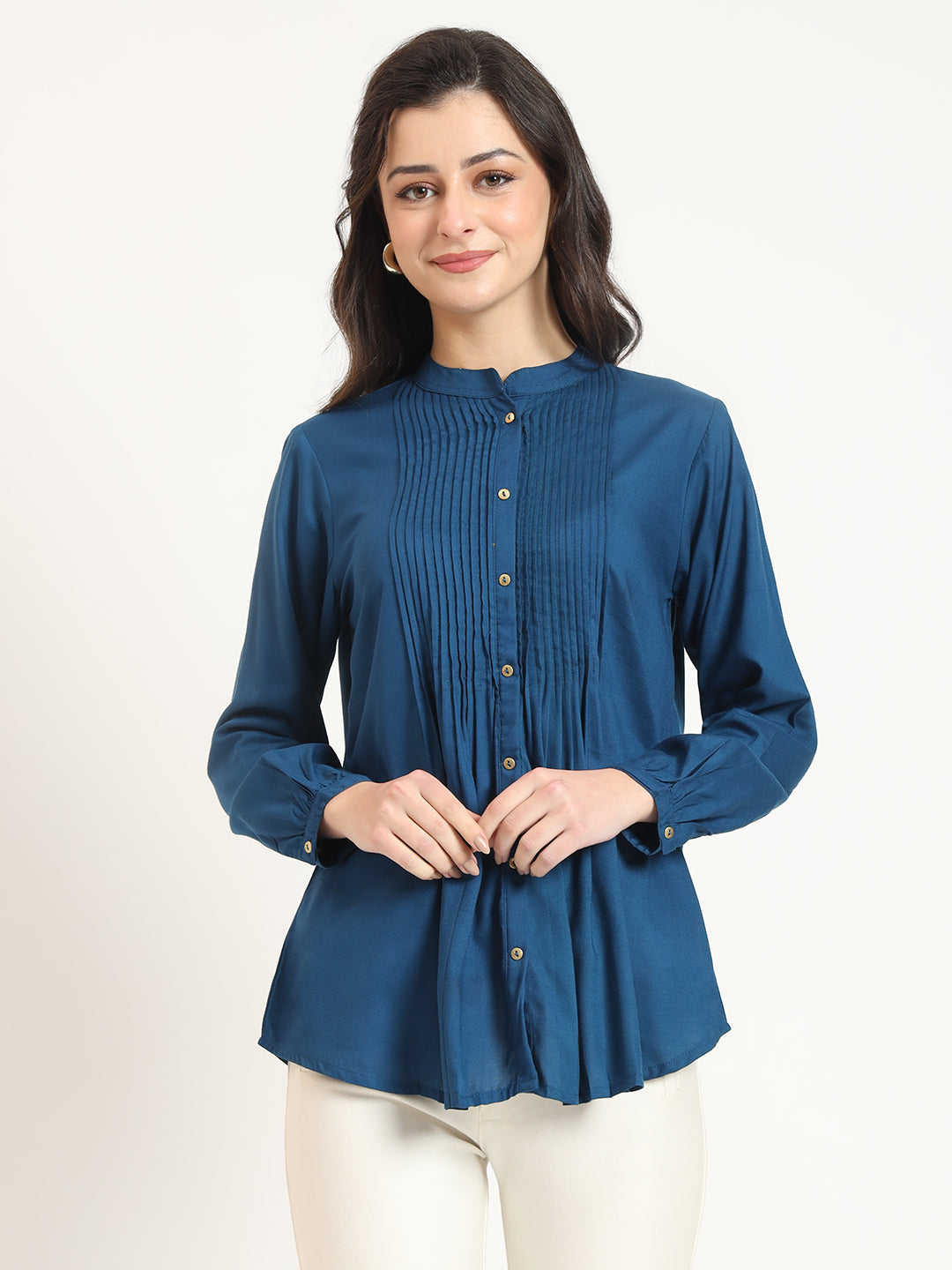 Noe Velarro Blue Solid Print Rayon Fabric Straight Top