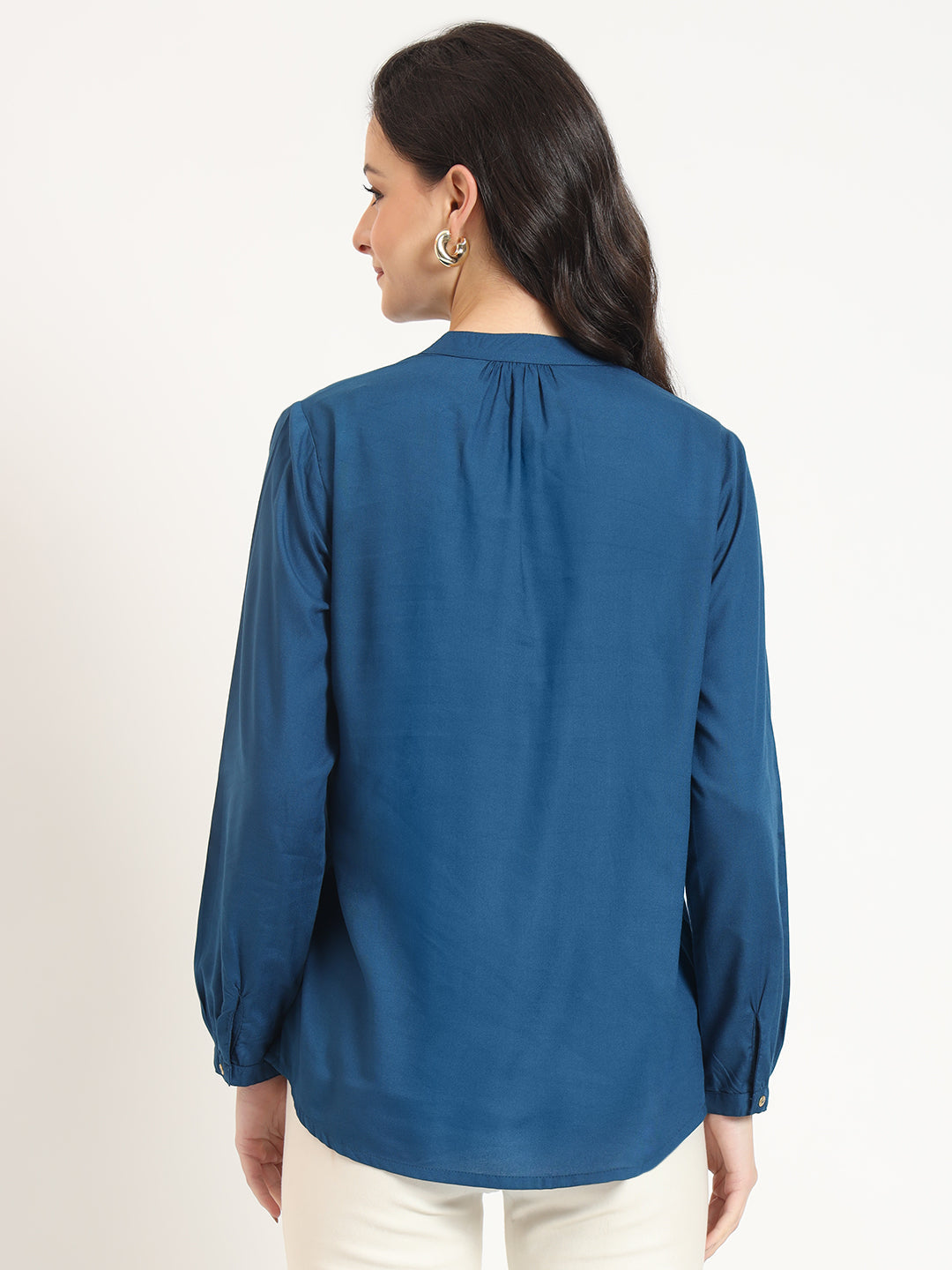 Noe Velarro Blue Solid Print Rayon Fabric Straight Top