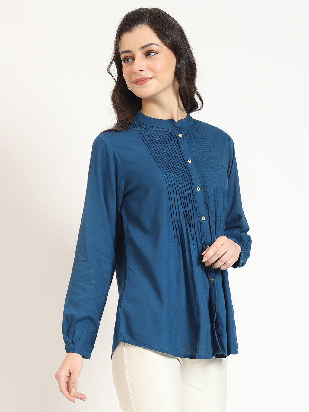 Noe Velarro Blue Solid Print Rayon Fabric Straight Top