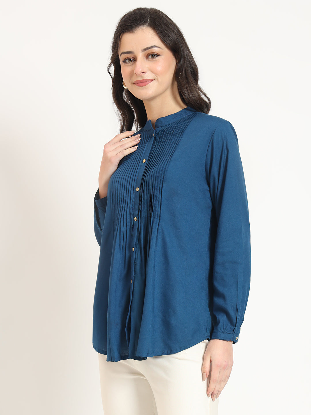 Noe Velarro Blue Solid Print Rayon Fabric Straight Top