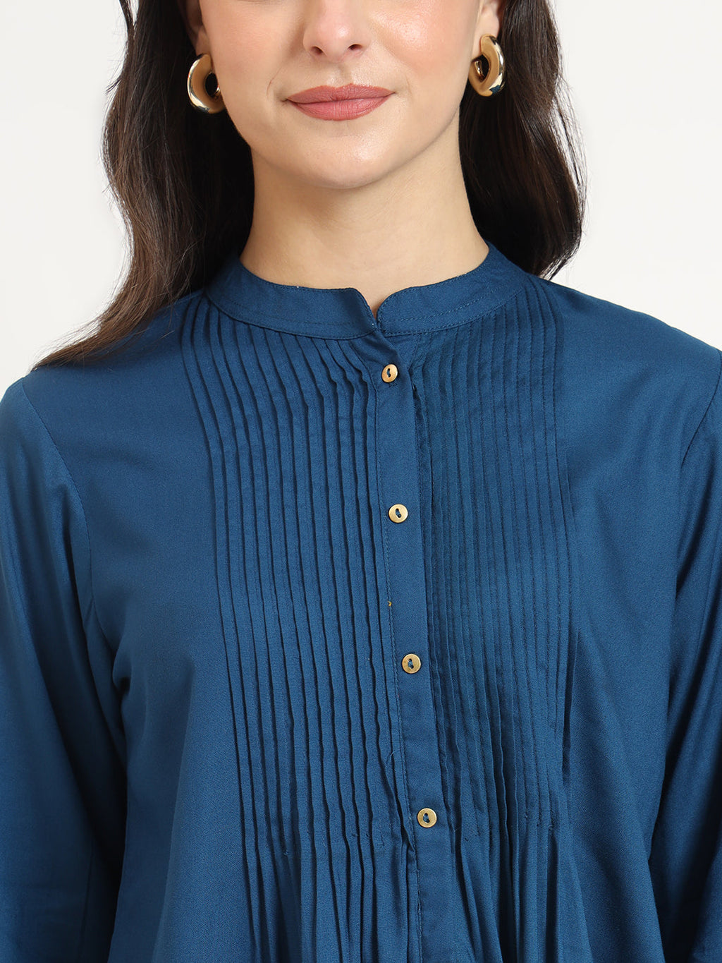 Noe Velarro Blue Solid Print Rayon Fabric Straight Top
