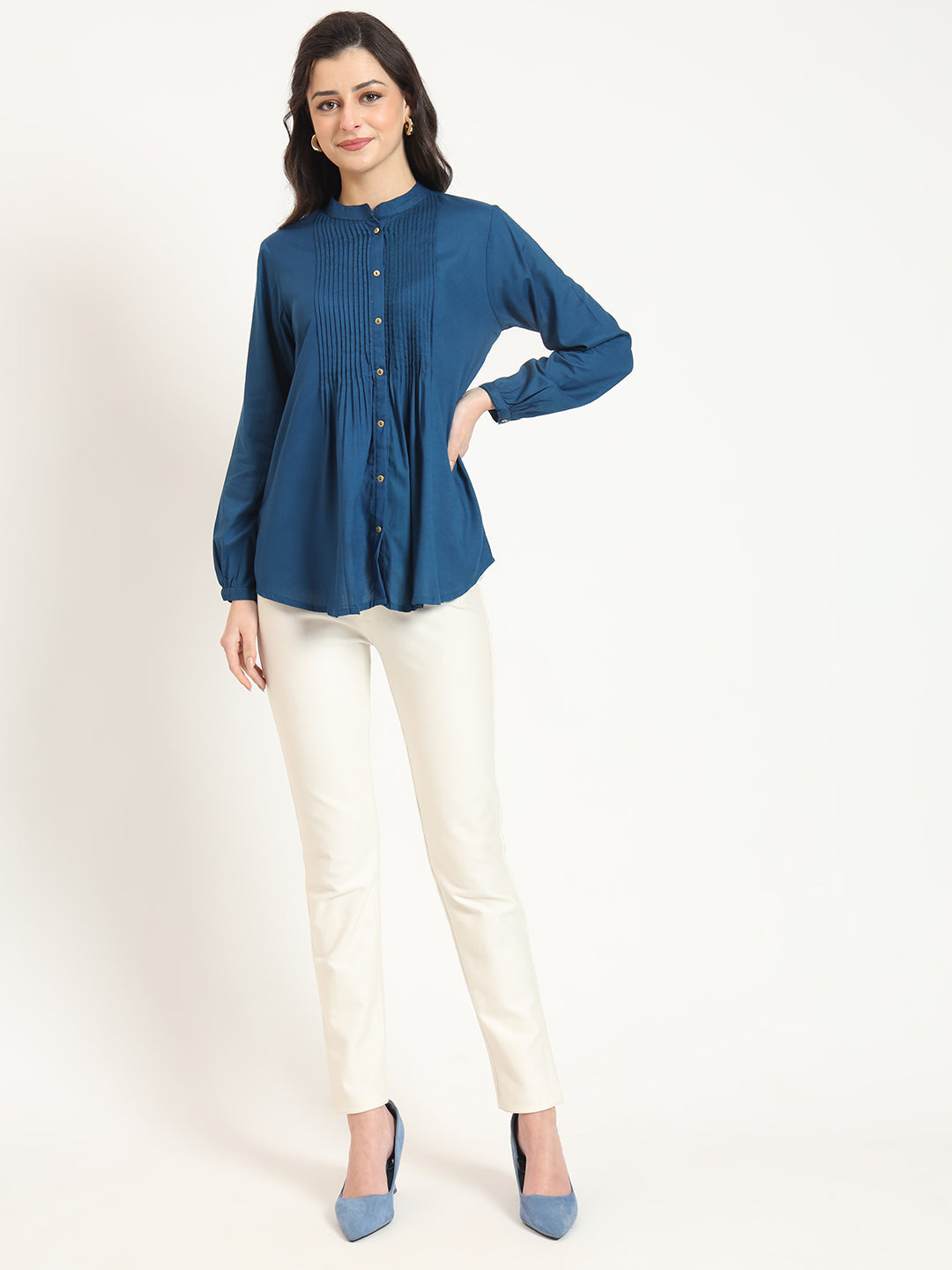 Noe Velarro Blue Solid Print Rayon Fabric Straight Top