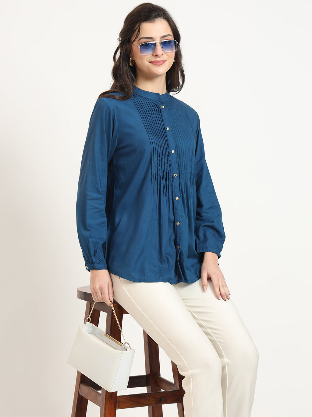 Noe Velarro Blue Solid Print Rayon Fabric Straight Top