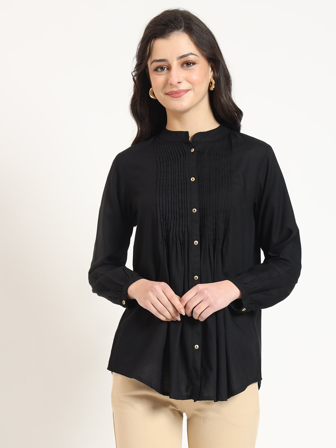 Noe Velarro Black Solid Print Rayon Fabric Straight Top
