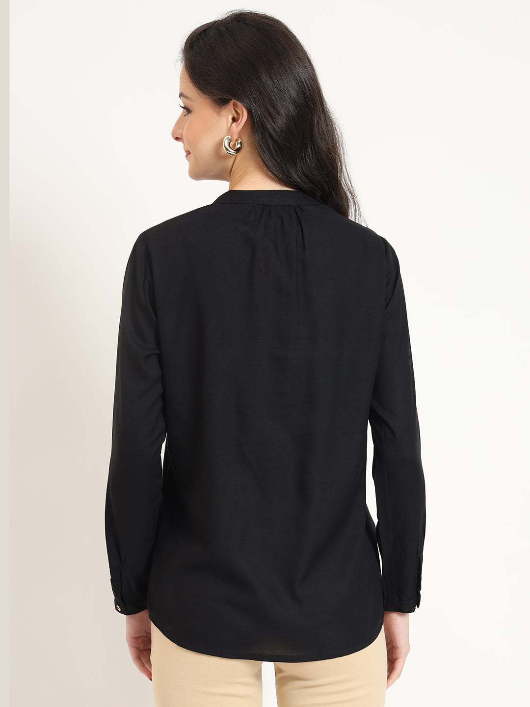 Noe Velarro Black Solid Print Rayon Fabric Straight Top