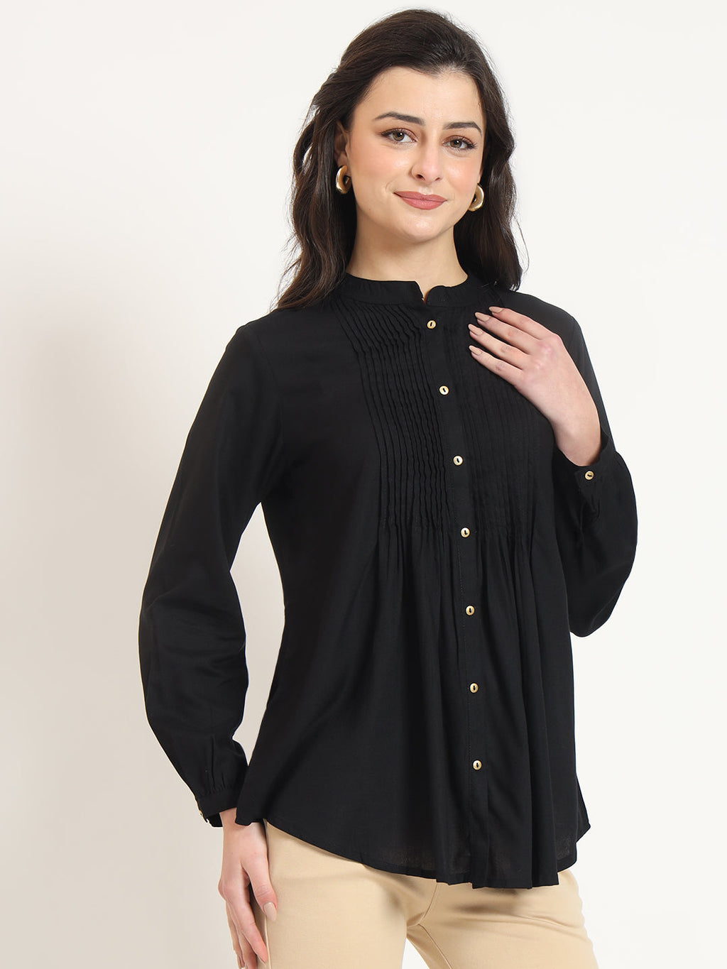 Noe Velarro Black Solid Print Rayon Fabric Straight Top