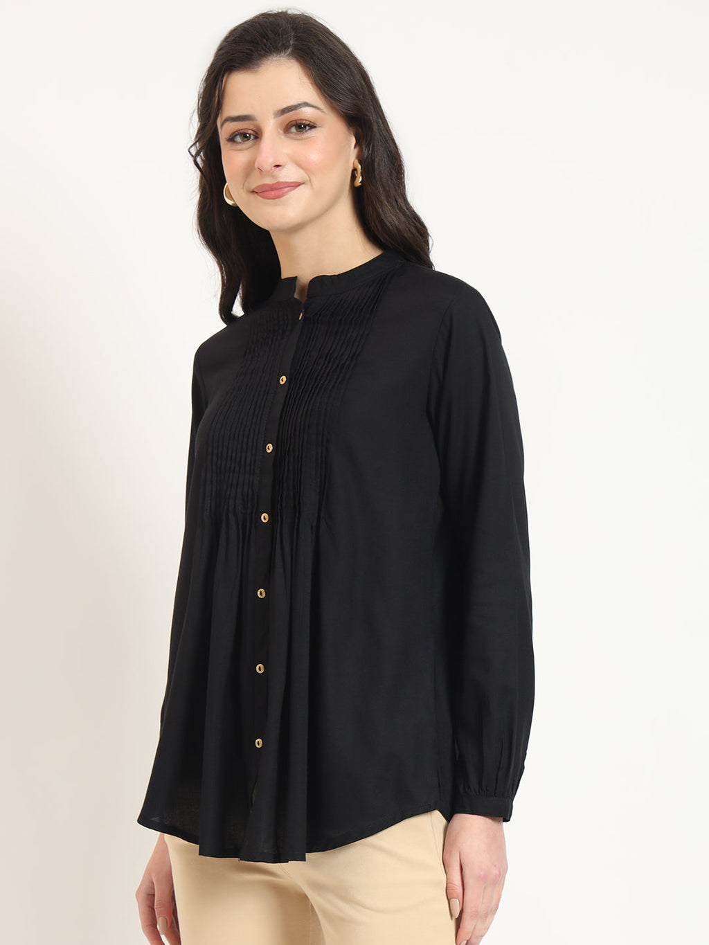 Noe Velarro Black Solid Print Rayon Fabric Straight Top