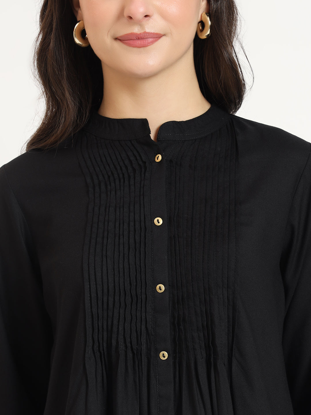Noe Velarro Black Solid Print Rayon Fabric Straight Top