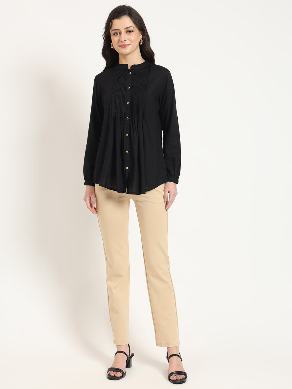 Noe Velarro Black Solid Print Rayon Fabric Straight Top
