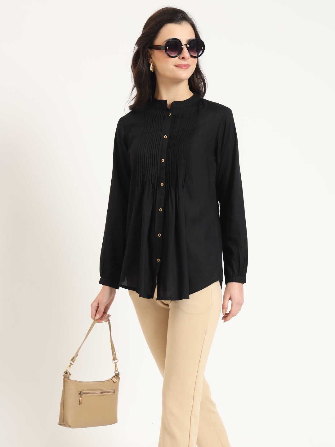 Noe Velarro Black Solid Print Rayon Fabric Straight Top
