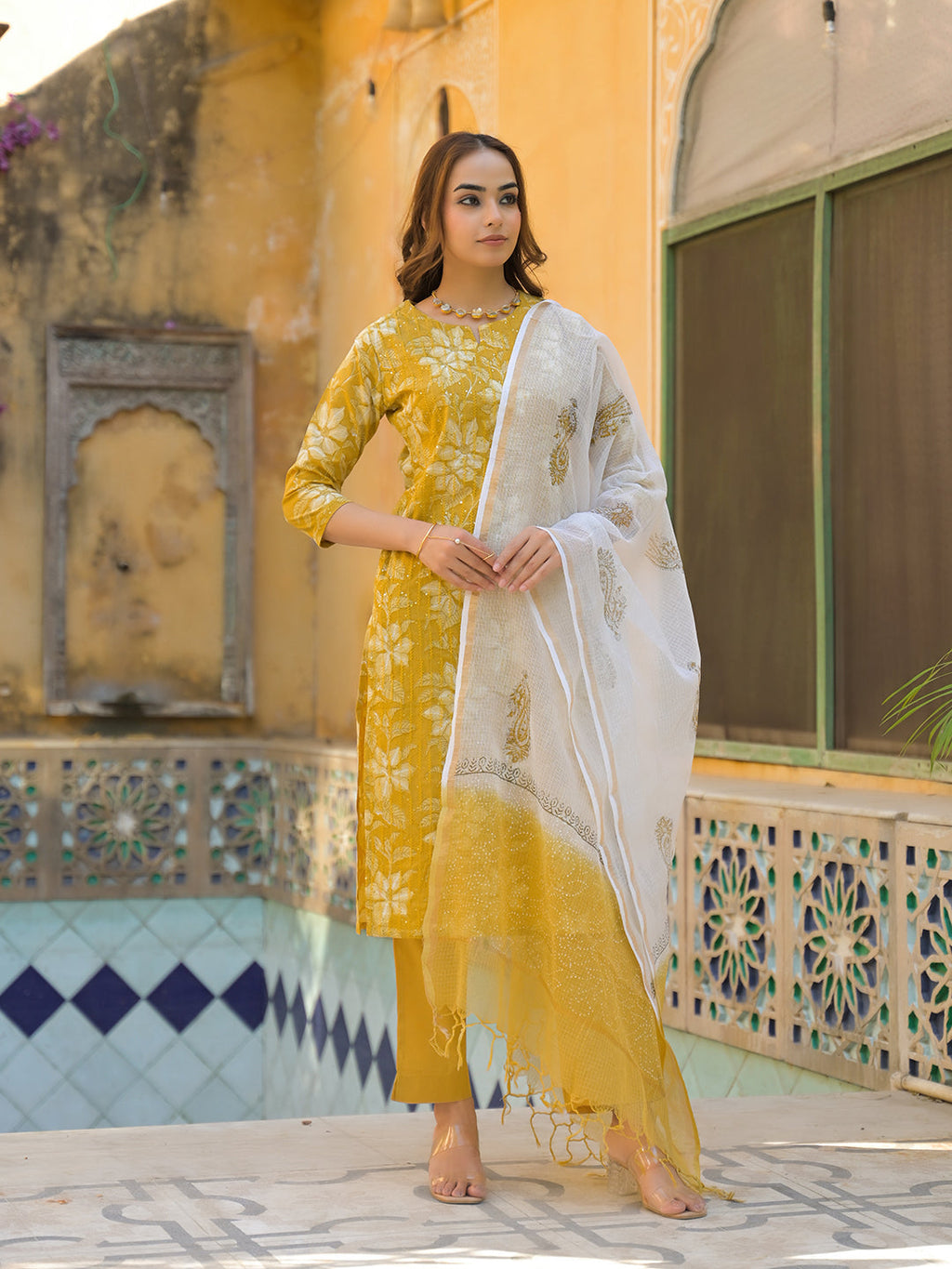 Noe Velarro Mustard Floral Print Cotton Straight fit Kurta Pant with Dupatta