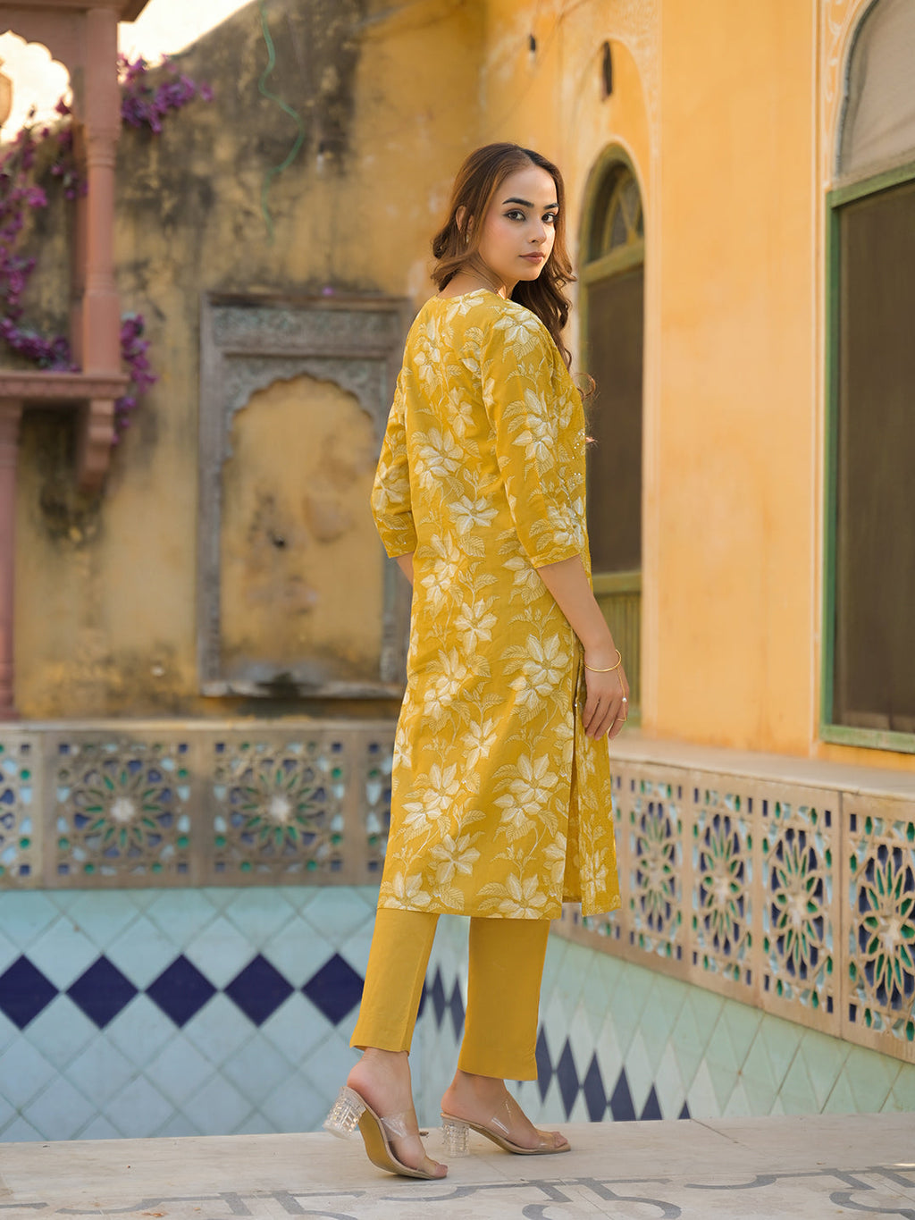 Noe Velarro Mustard Floral Print Cotton Straight fit Kurta Pant with Dupatta