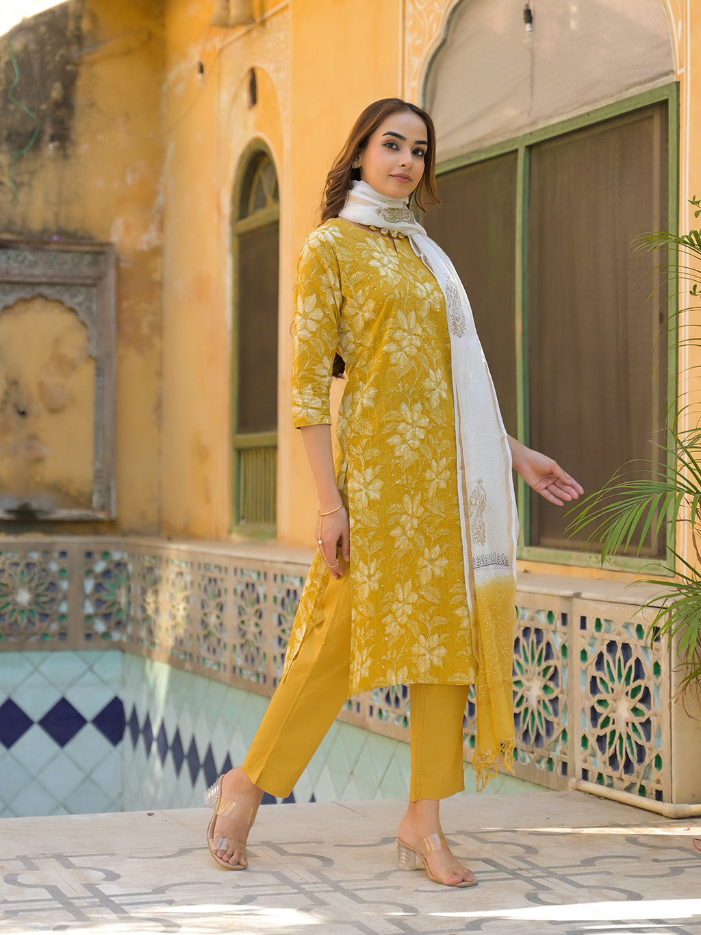 Noe Velarro Mustard Floral Print Cotton Straight fit Kurta Pant with Dupatta