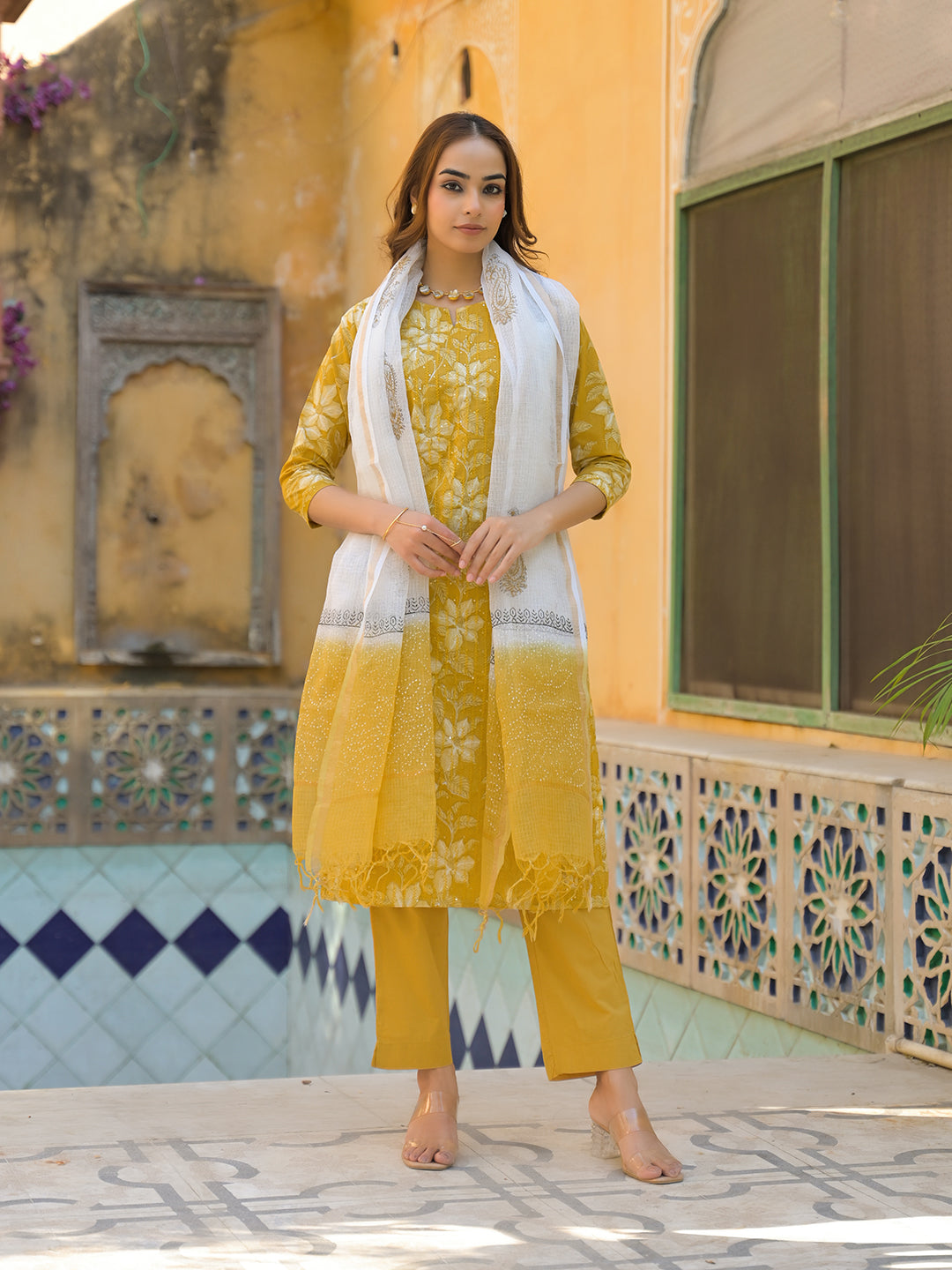 Noe Velarro Mustard Floral Print Cotton Straight fit Kurta Pant with Dupatta