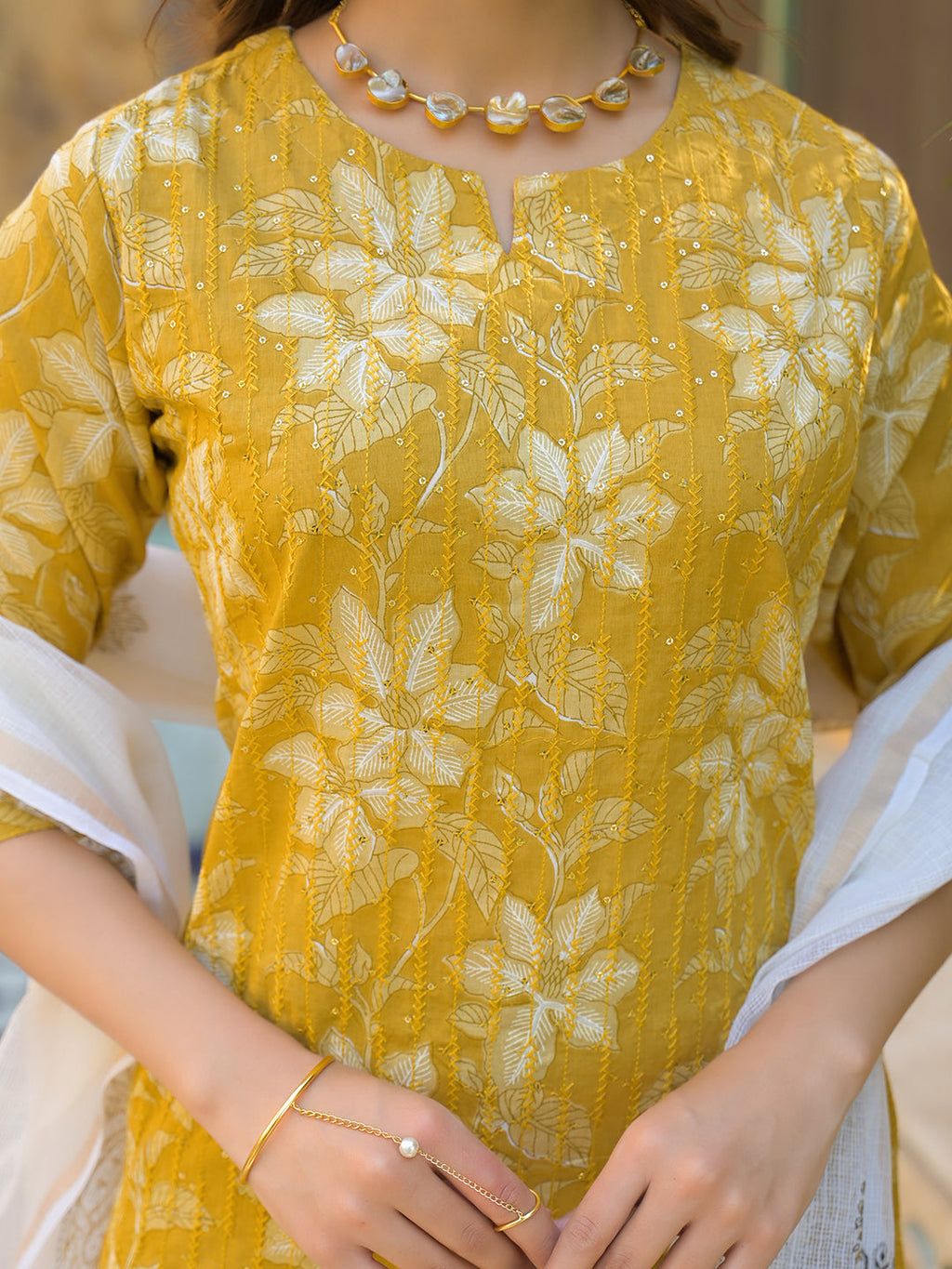 Noe Velarro Mustard Floral Print Cotton Straight fit Kurta Pant with Dupatta
