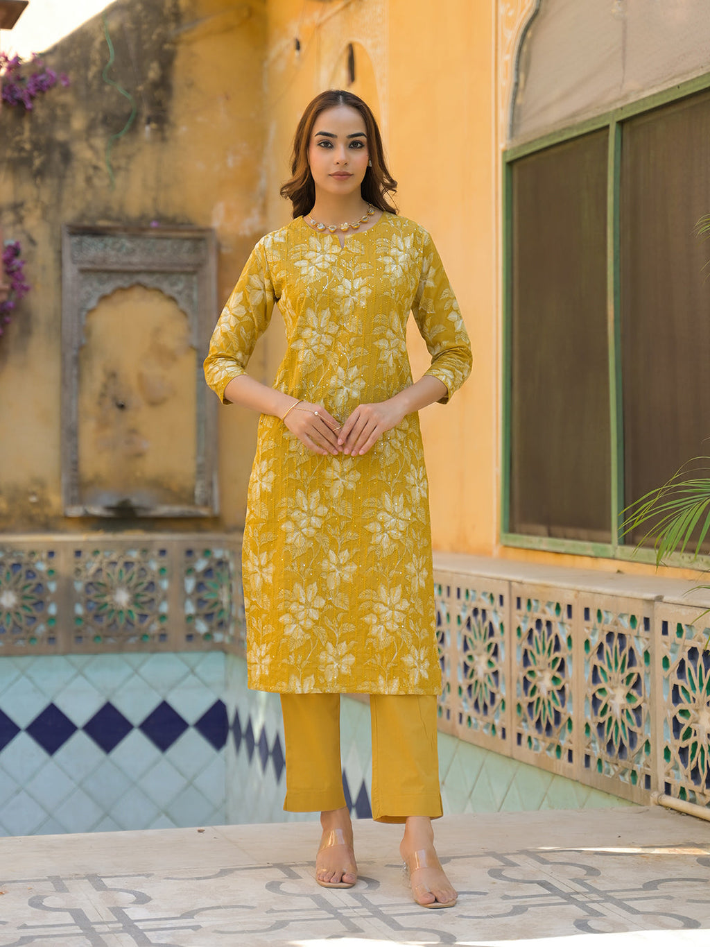 Noe Velarro Mustard Floral Print Cotton Straight fit Kurta Pant with Dupatta