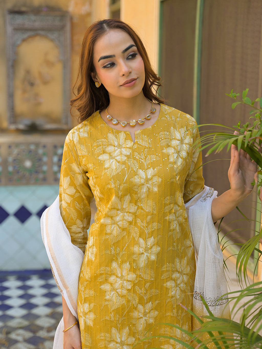 Noe Velarro Mustard Floral Print Cotton Straight fit Kurta Pant with Dupatta