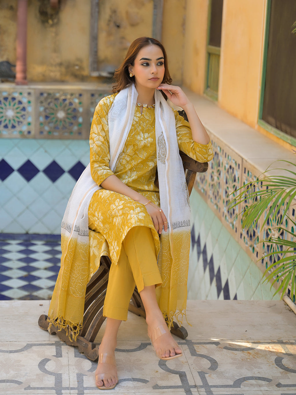 Noe Velarro Mustard Floral Print Cotton Straight fit Kurta Pant with Dupatta