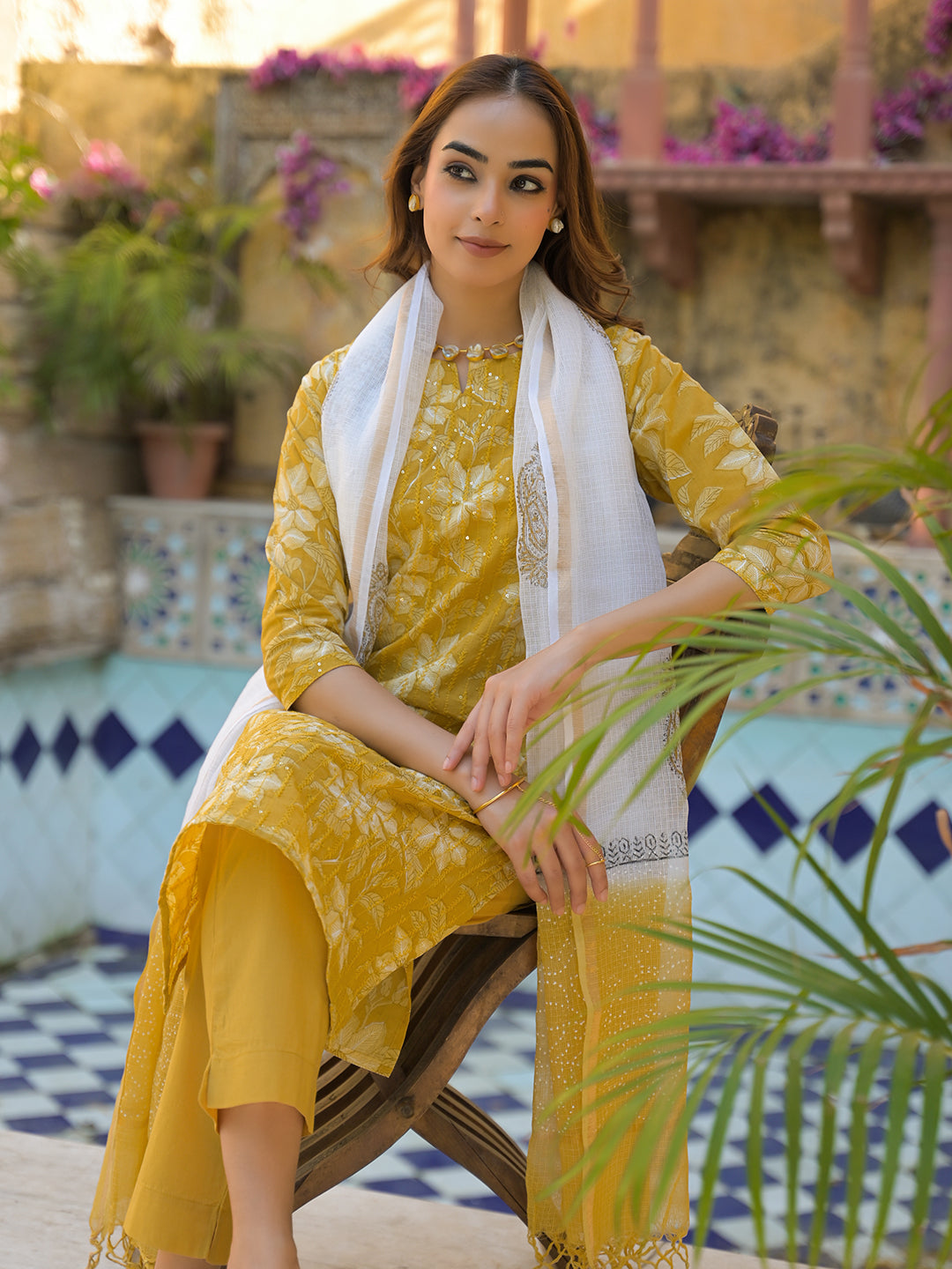 Noe Velarro Mustard Floral Print Cotton Straight fit Kurta Pant with Dupatta