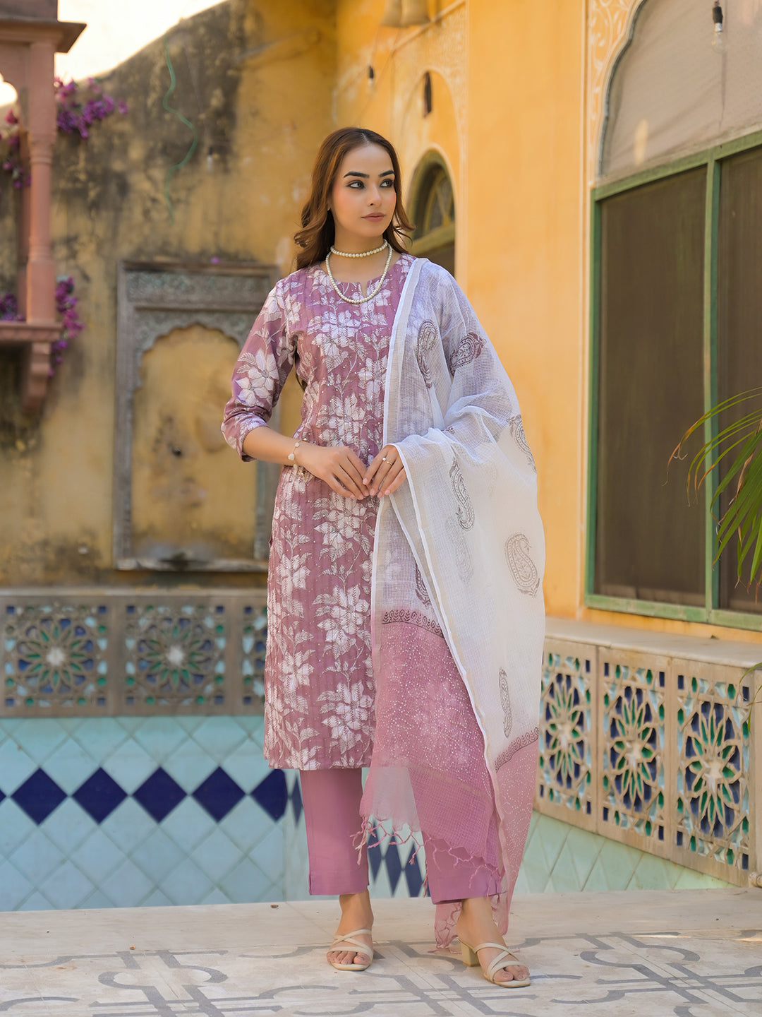 Noe Velarro Peach Floral Print Cotton Straight Kurta Pant with Dupatta