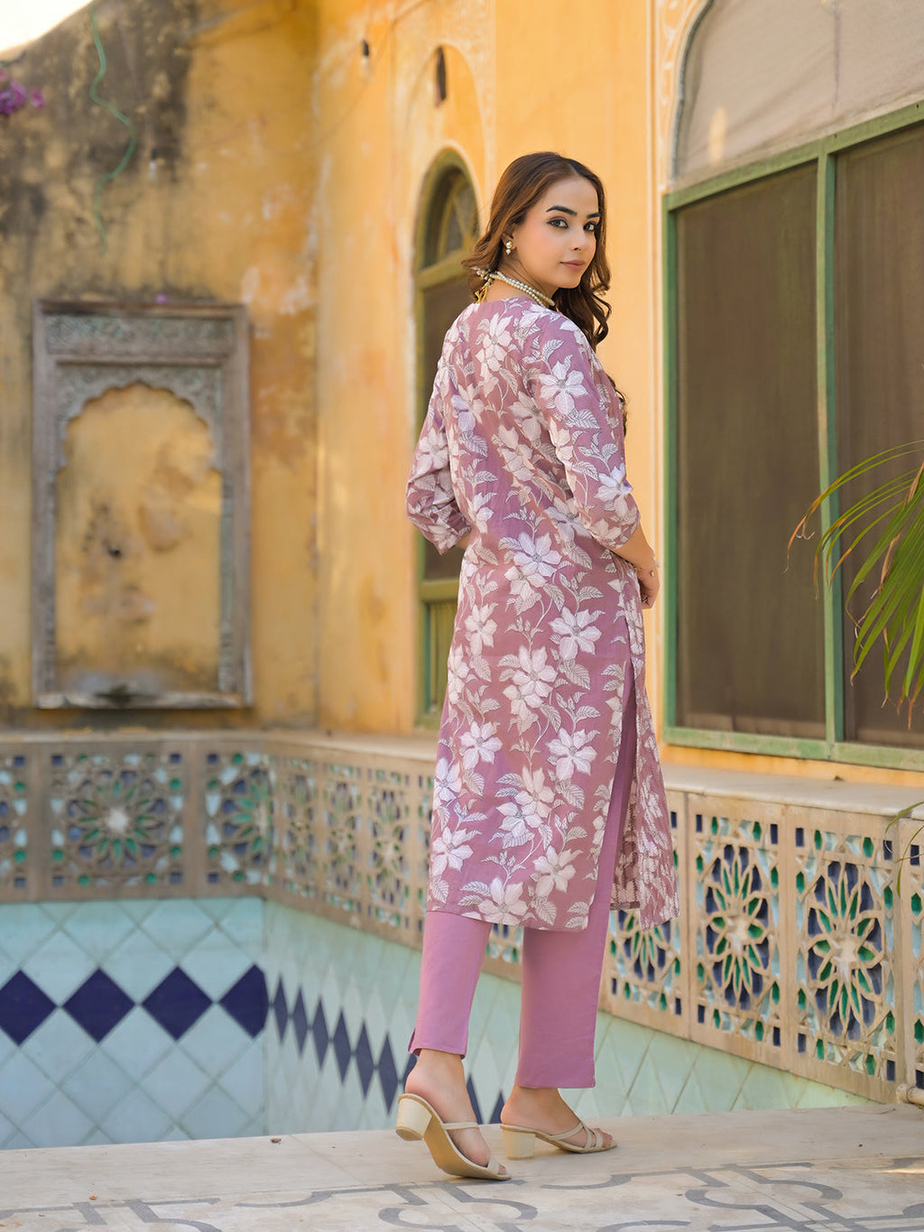 Noe Velarro Peach Floral Print Cotton Straight Kurta Pant with Dupatta