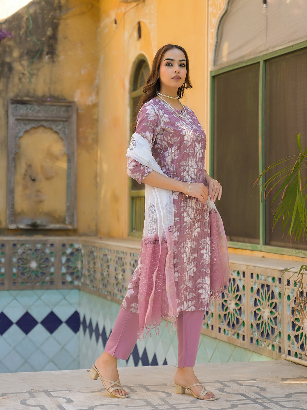 Noe Velarro Peach Floral Print Cotton Straight Kurta Pant with Dupatta