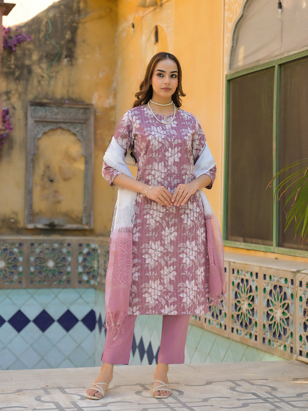 Noe Velarro Peach Floral Print Cotton Straight Kurta Pant with Dupatta