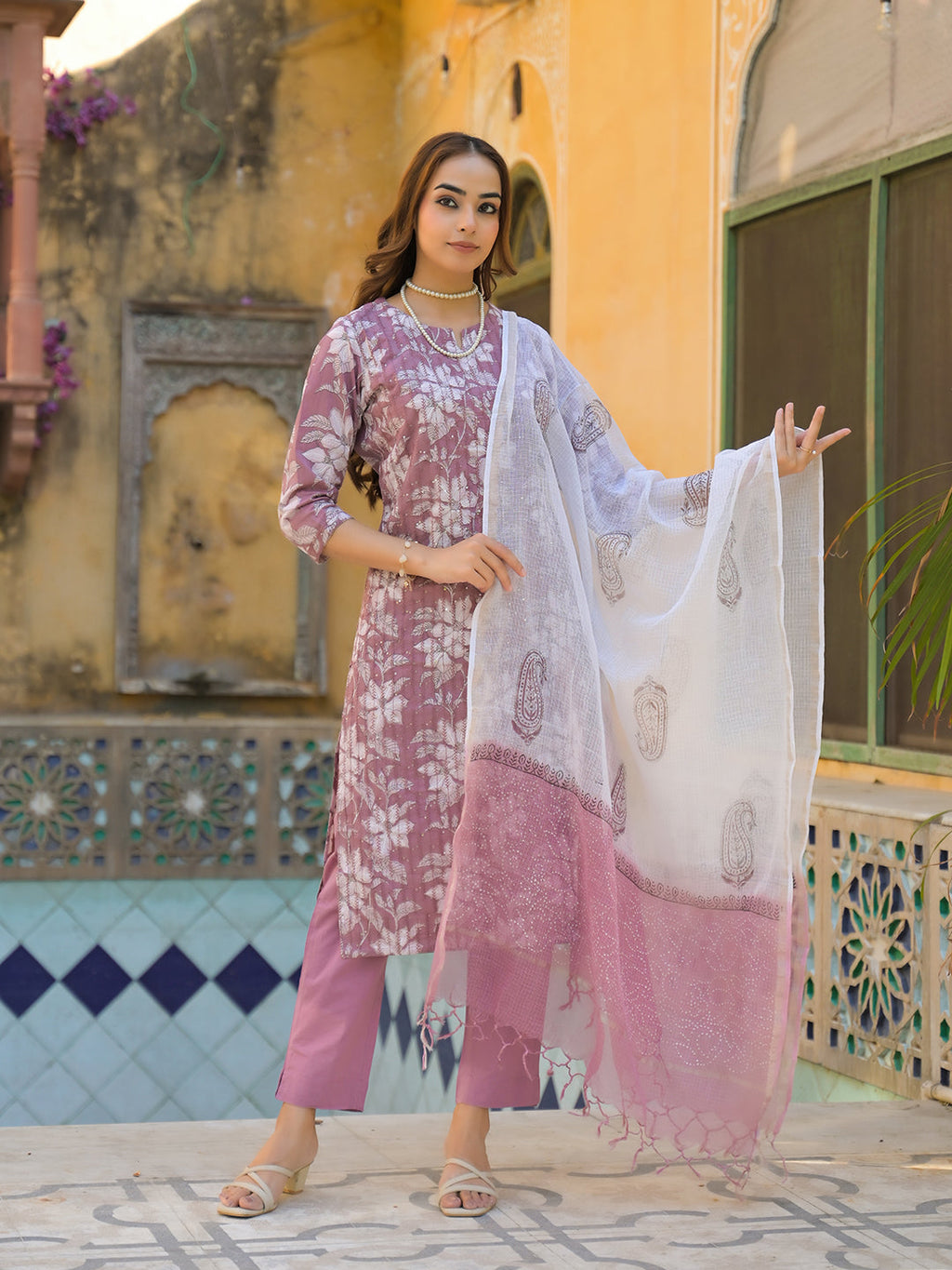 Noe Velarro Peach Floral Print Cotton Straight Kurta Pant with Dupatta