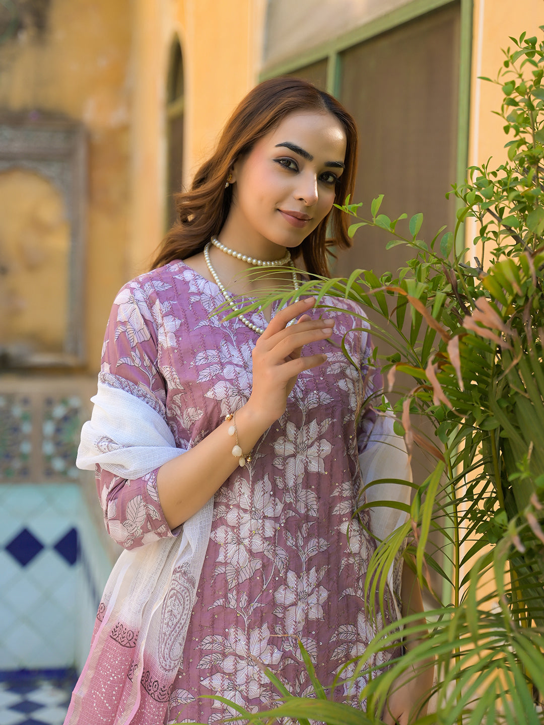 Noe Velarro Peach Floral Print Cotton Straight Kurta Pant with Dupatta