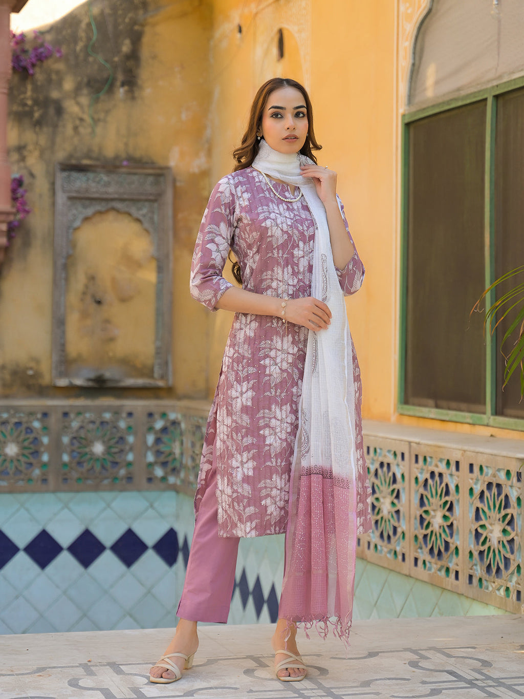 Noe Velarro Peach Floral Print Cotton Straight Kurta Pant with Dupatta