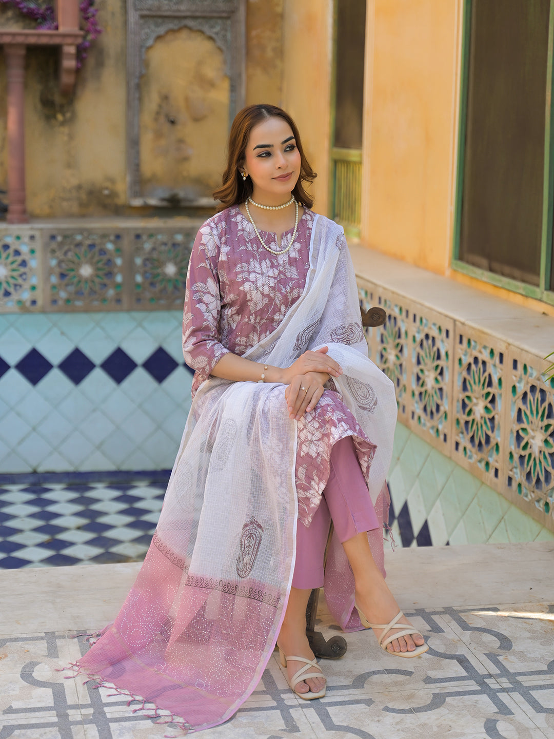 Noe Velarro Peach Floral Print Cotton Straight Kurta Pant with Dupatta