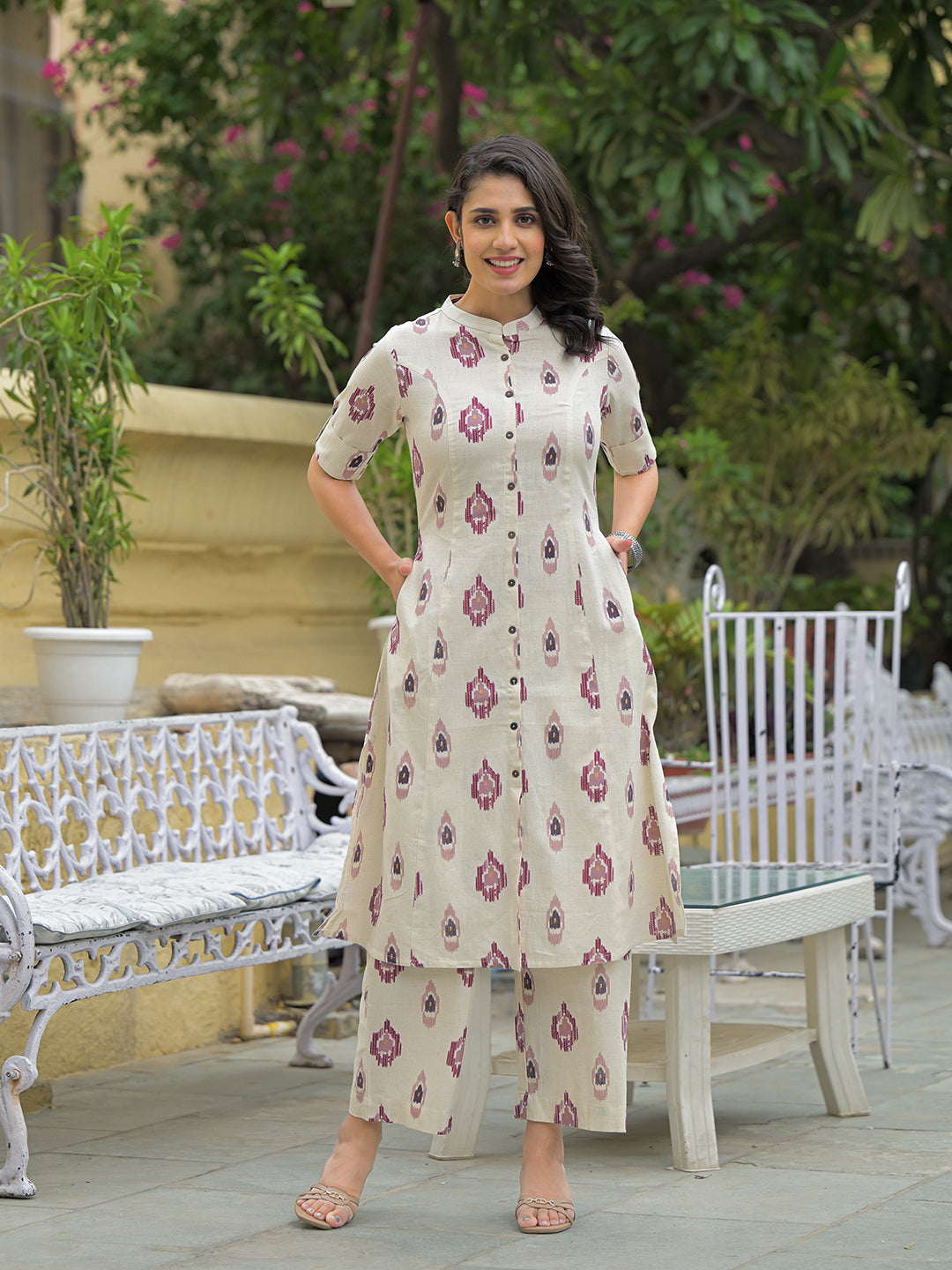Noe Velarro Off White Cotton Printed Kurta Pant Set