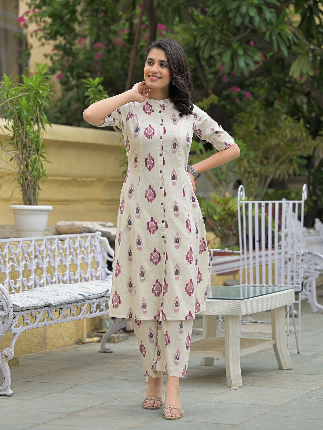 Noe Velarro Off White Cotton Printed Kurta Pant Set