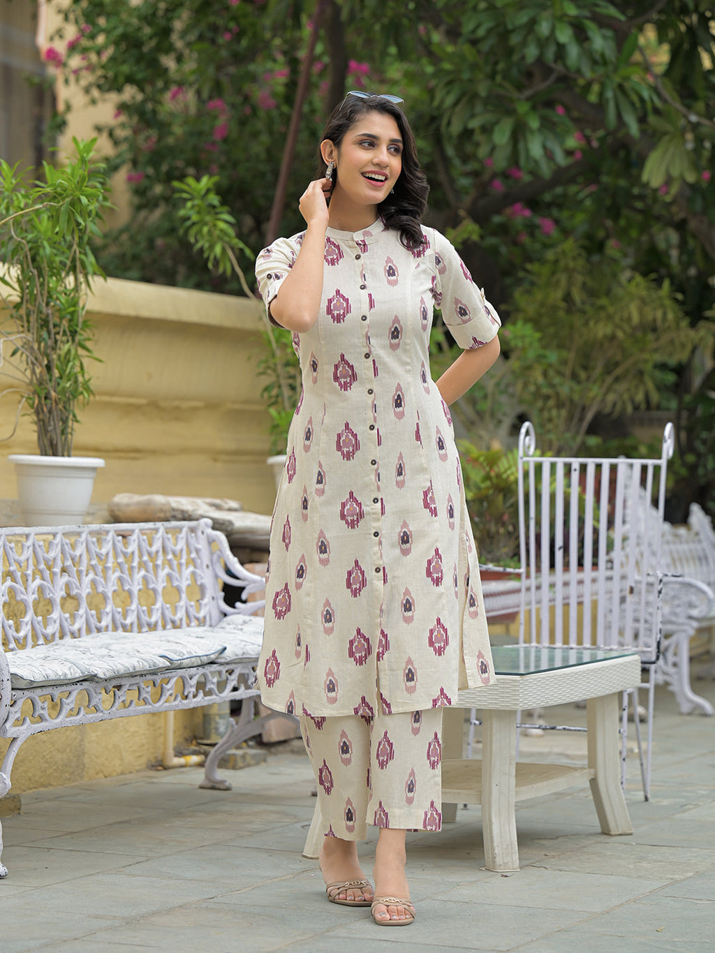 Noe Velarro Off White Cotton Printed Kurta Pant Set